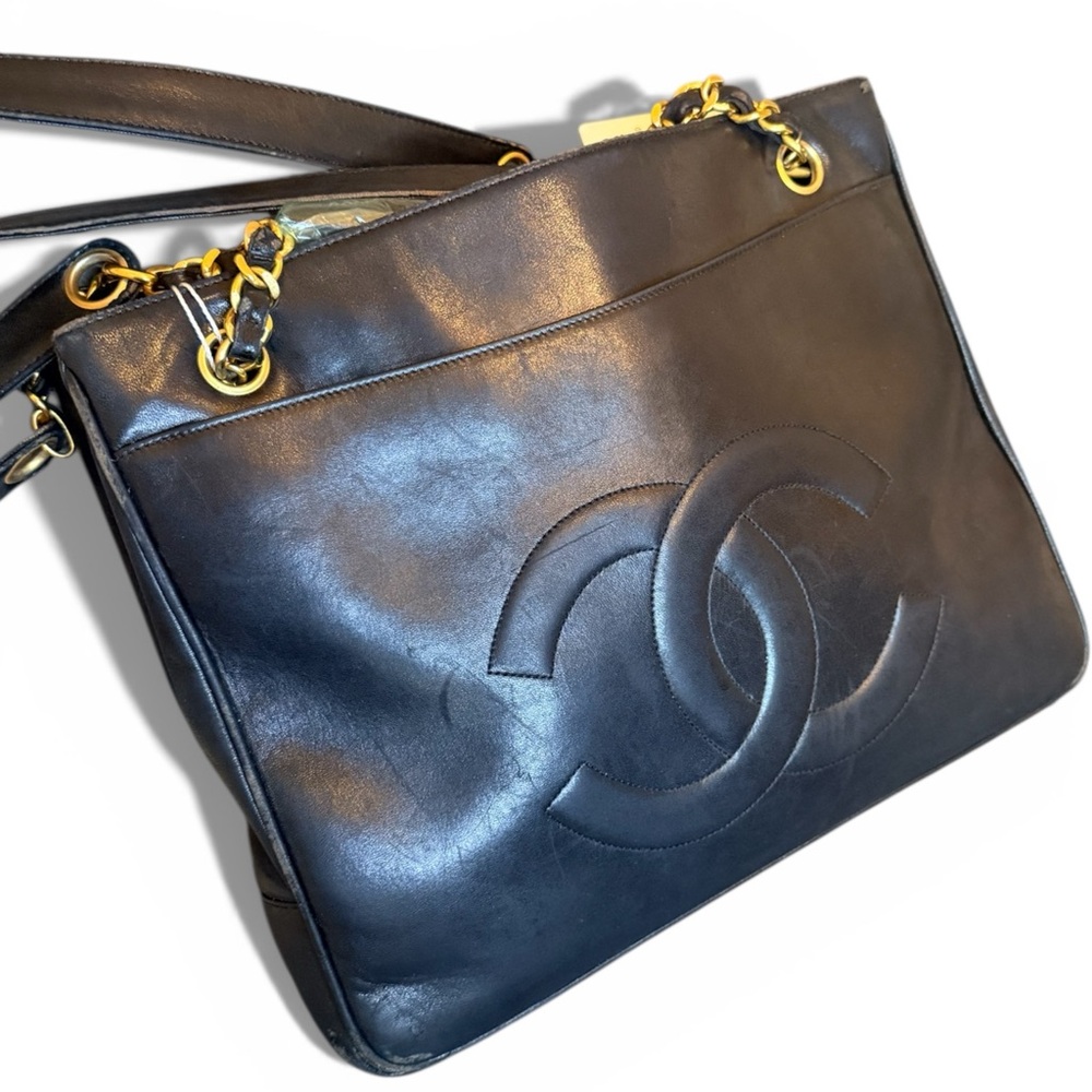 Authentic CHANEL Black Leather Shoulder Bag with Gold Chain Hardware